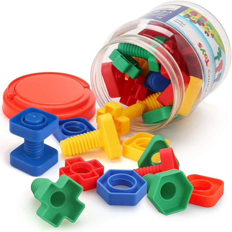 LotFancy Nuts and Bolts, 24pcs Fine Motor Skills Occupational Therapy Toys for Kids, Shapes and Colors Matching Toys, Montessori Building Construction Game with Storage Box for Baby and Toddlers