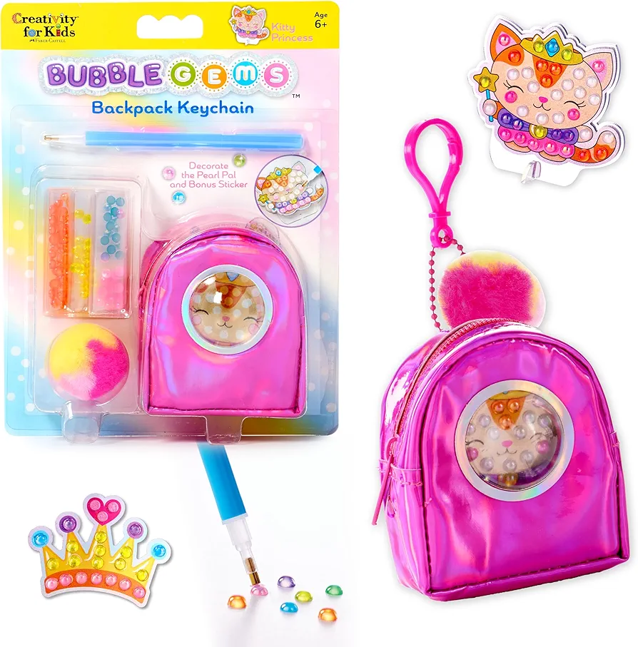 Creativity for Kids Bubble Gems Backpack Keychain: Kitty Princess, Diamond Painting Kits for Kids, Arts and Crafts for Kids, Craft Kits and Princess Toys for Girls, Crafts for Girls 6-8+