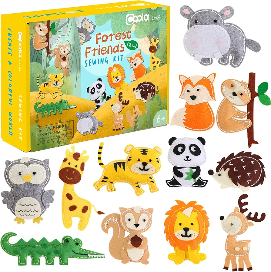 Coola Sewing Kit for Kids, Crafts for Kids Ages 8-12, Arts and Crafts for Kids, Sewing Kit for Beginners, DIY Felt Woodland Animals Kits, Craft Supplies for Kids Girls Boys Gift Ideas Set of 12