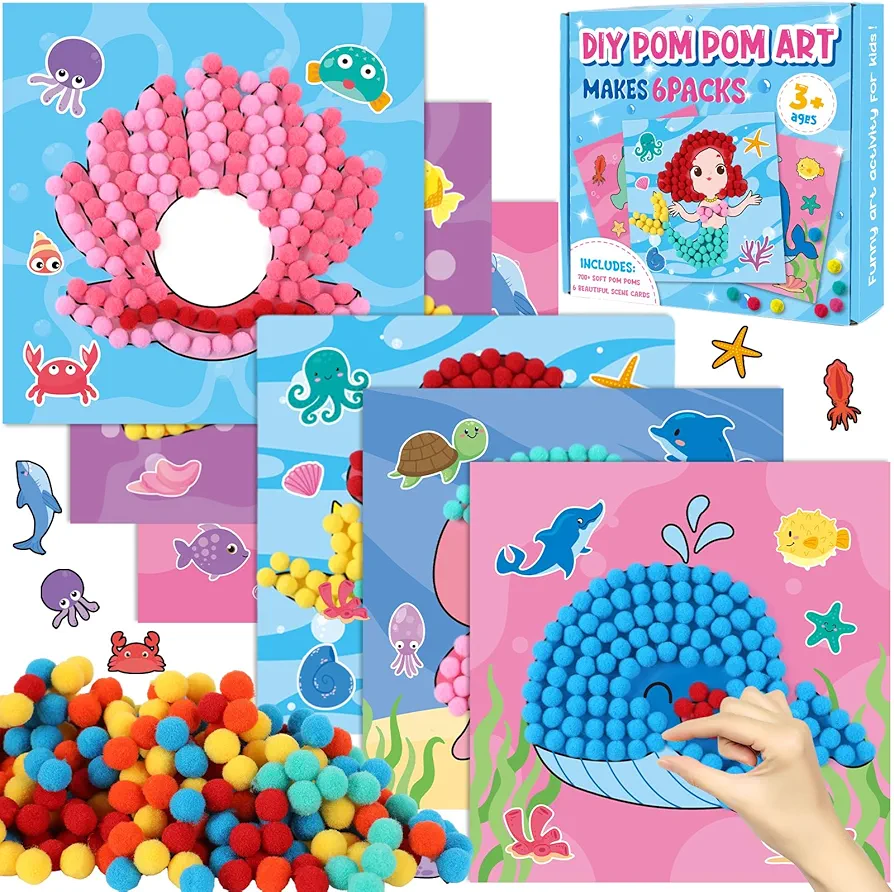 6 Packs Toddlers Art Crafts Kit Mermaid Pom Poms Crafts Gifts for Kids Ages 2-6 Ocean Theme Easy Art Craft Sensory Projects DIY Creative Sea Animal Activity Gifts for Boys & Girls