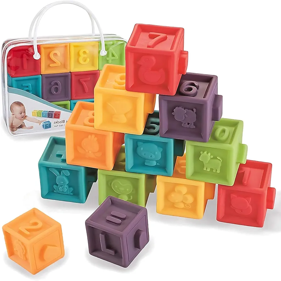 Kingtree Baby Blocks (Set of 12), Soft Silicone Building Blocks Squeeze Stacking Toys for 6 Months and Up Infants, Colorful Early Educational Puzzle Toy with Numbers Animals Shapes Textures