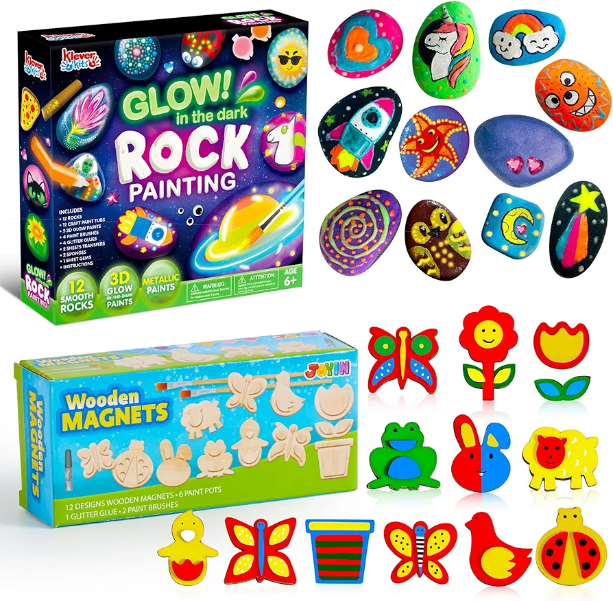 JOYIN 12 Rock Painting Kit & 13 Wooden Magnet Painting Kit, Arts and Crafts for Kids Ages 6-8+, Art Supplies with Various Paints, Craft Paint Kits, Kids Toy Gifts for Boys and Girls Ages 4+