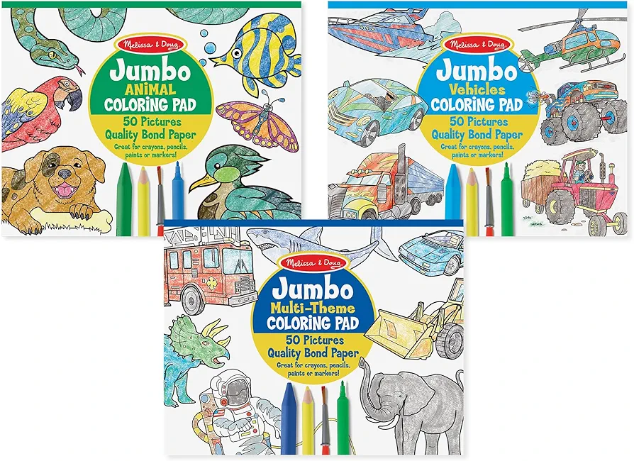 Melissa & Doug Jumbo 50-Page Kids' Coloring Pads 3-Pack - Animals, Vehicles, and Multi-Themed - FSC Certified