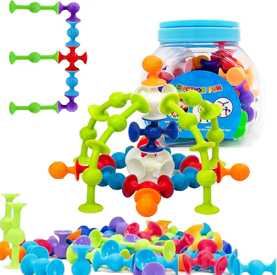 48 Piece Suction Cup Toys Construction Set - Silicone Building Blocks DIY Fun Bath Toys for Kids Ages 1-3, Toddler Travel Toys, Darts Sucker Toys with Toddler Road Trip Essentials