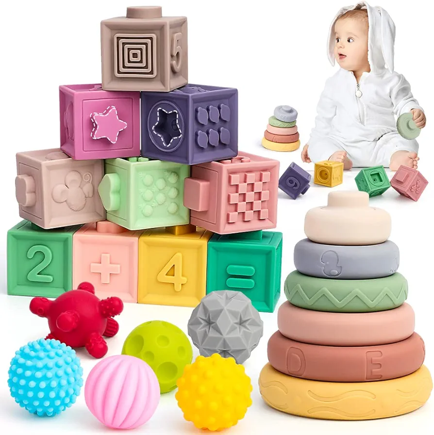 24pcs Baby Toys 6-12 Months, Montessori Toys for 1 Year Old, Stacking Building Blocks for Toddlers 1-3, Soft Baby Teething Rings Toy for Infant 0-6 Months, Sensory Ball for 0-3-6-9-12 Months