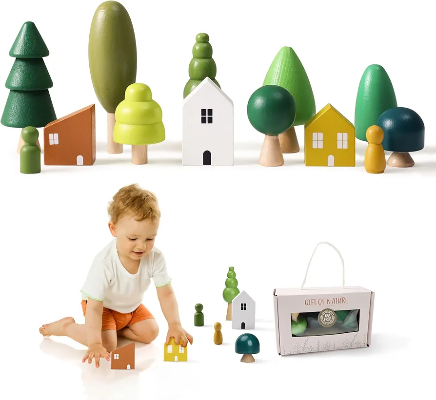 Promise Babe Wooden Tree Toys - Montessori Wooden Blocks Stacking Toys for Toddlers, Miniature Trees & House Various Sizes Woodland Creative Craft Home Decor