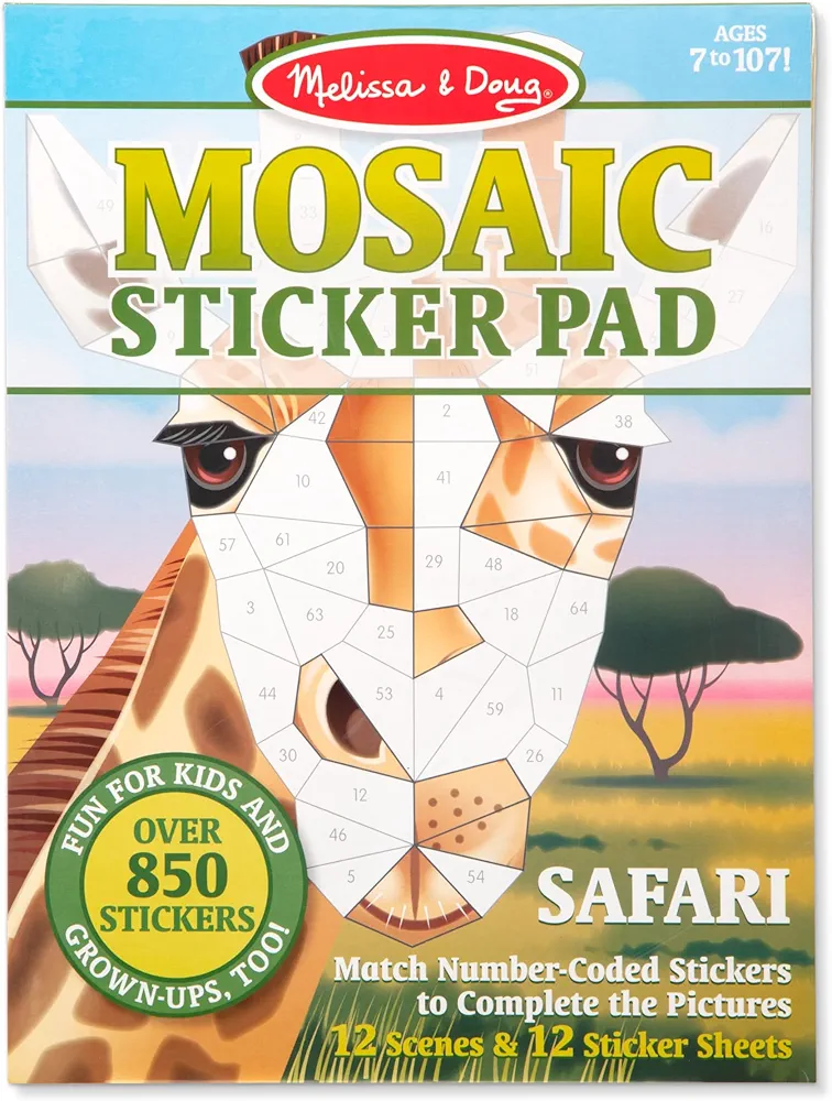 Melissa & Doug Mosaic Sticker Pad Safari Animals (12 Color Scenes to Complete with 850+ Stickers)