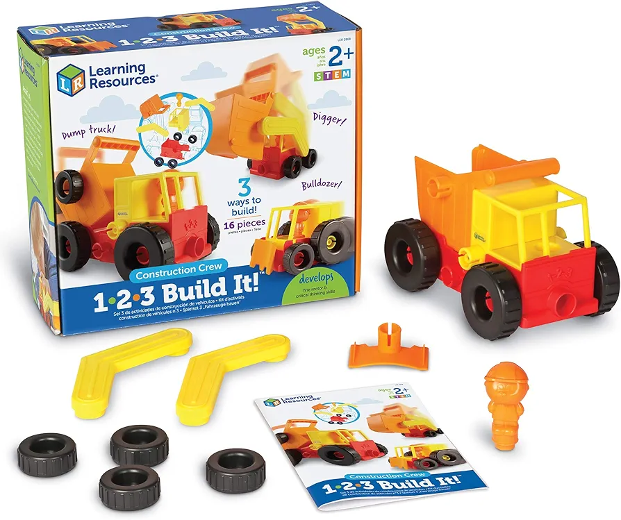 Learning Resources 1-2-3 Build It! Construction Crew Toy, Bulldozer, Digger, Dump Truck, STEM, Imaginative Play, 16 Pieces, Ages 2+