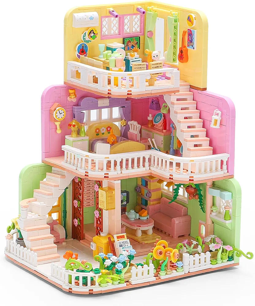 Warm Home Mini Building Block Set 1375pcs, House Building Toy with Light,Creative Children's Building Blocks with Family Characters and Various Cute Animals, Suitable as a Gift for Girls Aged 6-12