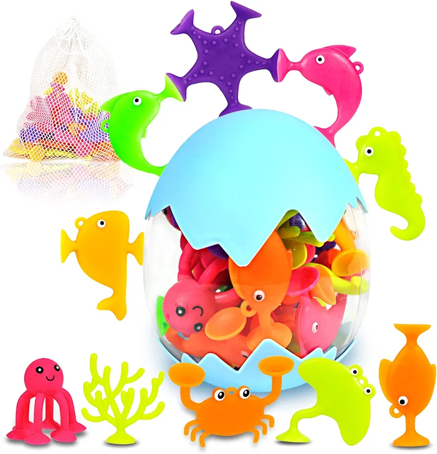 Suction Bath Toys for Kids, 18 Pcs Silicone Ocean Animal Suction Cup Toys with Eggshell & Bag, No Hole Mold Free Bath Toy, Sensory Window Building Toys for Toddlers Boys Girls 3 4 5 6 Year Old