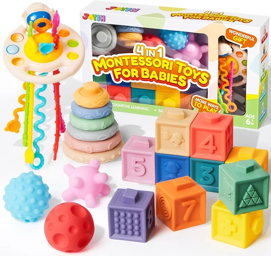 JOYIN Baby Toys - Montessori Toys for Babies 6-12 Months, Food-Grade Sensory Toys, Infant Stacking Circles Teether, Blocks, 3D Stress Balls, Pull String, Learning Gifts for Baby Girls Boys