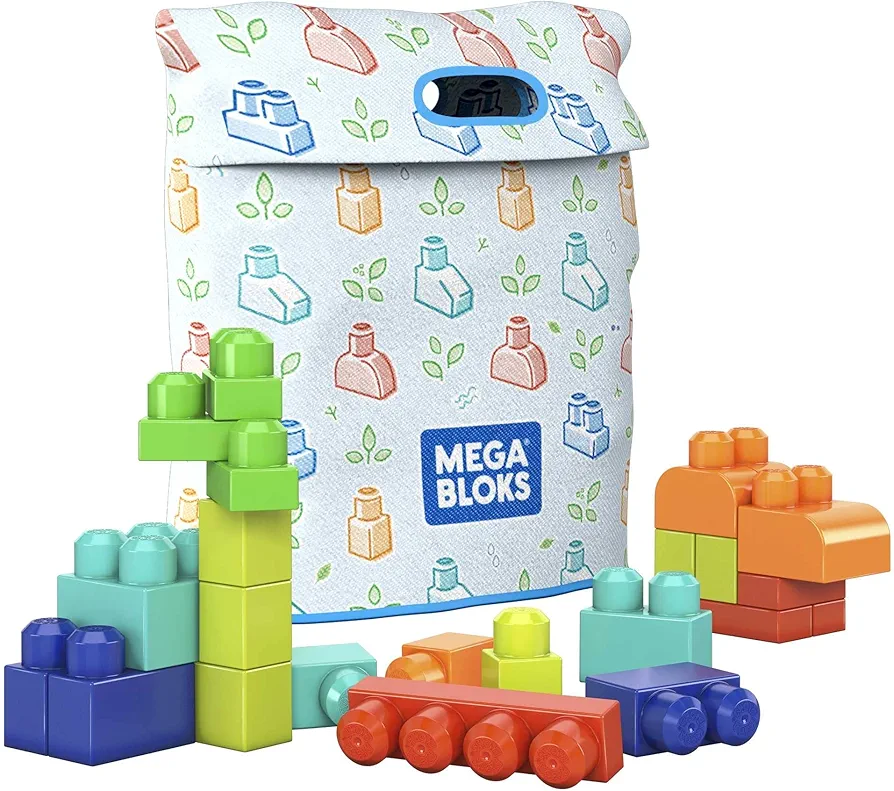 MEGA Bloks Fisher-Price Toddler Blocks Toys Set, Build ‘n Play Bag with 60 Plant-Based Pieces and Storage, Blue, Ages 1+ Years