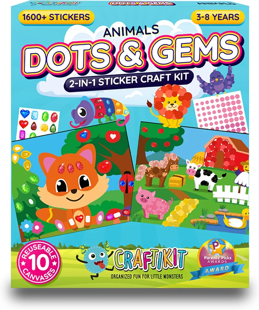 Craftikit® 10 Dot Art & Gem Art Animal Crafts for Kids Ages 3-8 - Kids Gem Painting & Dot It Sticker Art - Crafts for Kids Ages 4-8