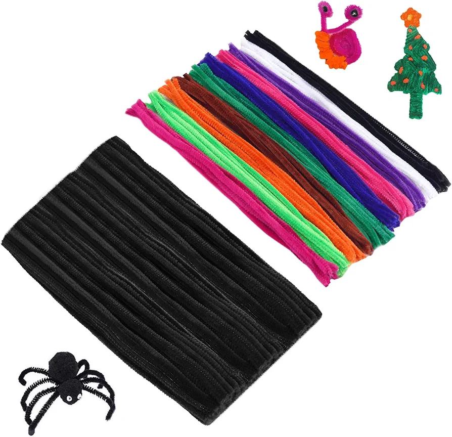 Cuttte Pipe Cleaners Craft Supplies - 100pcs Black Pipe Cleaners Craft and 100pcs 10 Colors Pipe Cleaners, Craft Kids DIY Art Supplies, Pipe Cleaner Chenille Stems