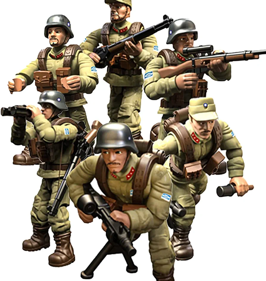 6 PCS Mini WWII Soldier Military Action Figures, Army Model Building Block Toys with Multiple Military Weapons Accessories,Party Favors Set for Kids (CN Army)