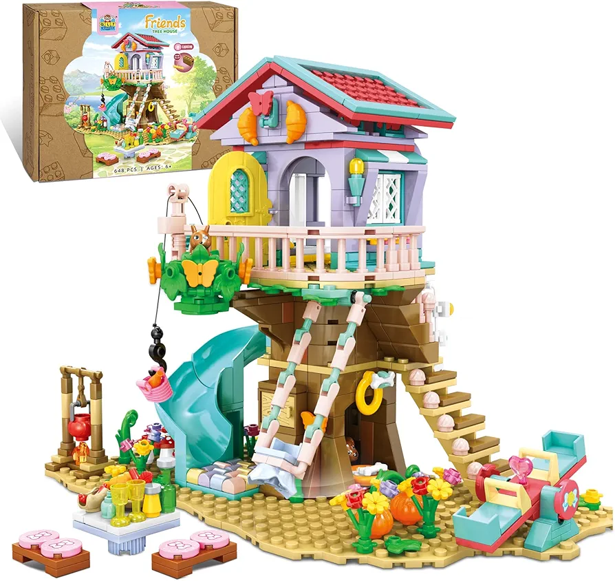 QLT Tree House Building Set with Light Kit - Compatible with Lego Flowers Friends Friendship Treehouse Building Kit, Creative Forest Toy with a House Construction Set Gift for Kids(648PCS)