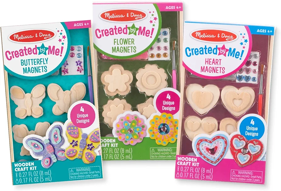 Melissa & Doug Created By Me! Paint & Decorate Your Own Wooden Magnets Craft Kit – Butterflies, Hearts, Flowers - Kids Craft Kits, Great Activity For Rainy Days And Party Favors, Ages 4+