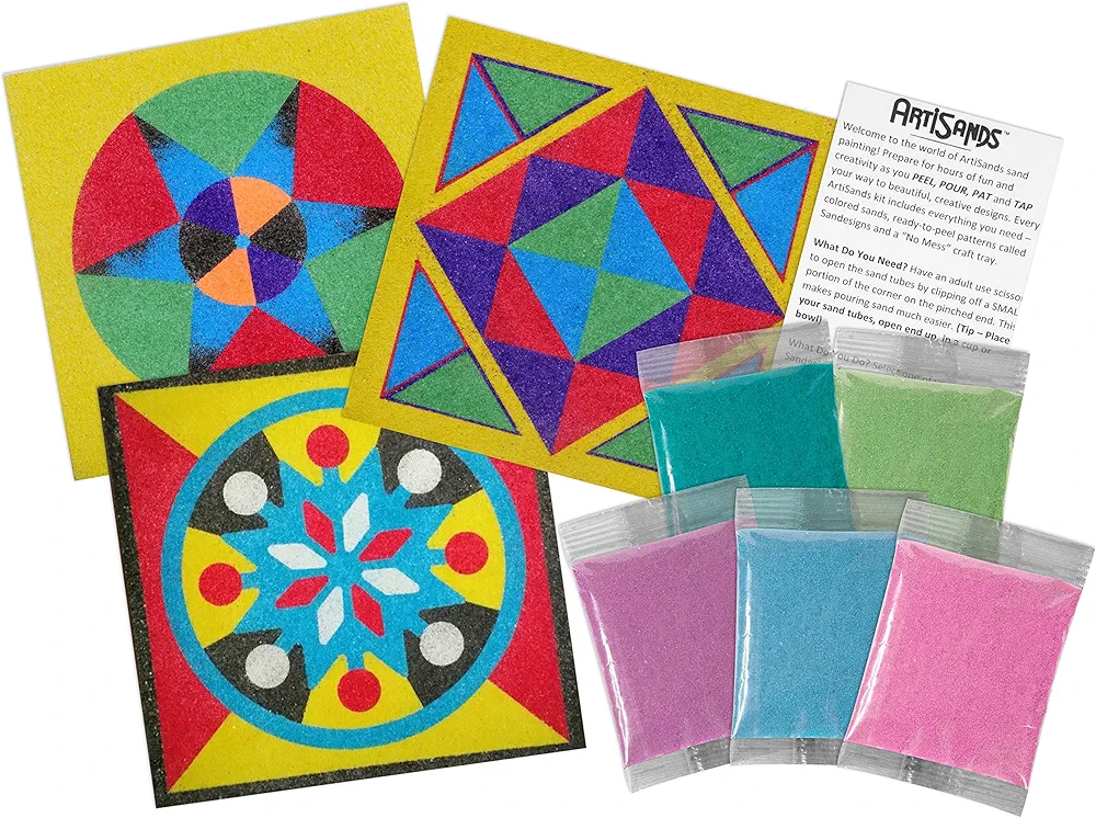 Activa ArtiSands Geometrics Sand Art Board Craft Kit, 3 Designs & 5 Sand Colors | No Scissors, No Glue, No Mess!