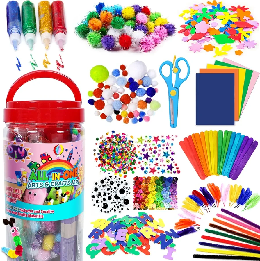 FUNZBO Arts and Crafts School Supplies for Kids - Kindergarten School Supplies Set with Glitter Glue Stick, Glue, Pipe Cleaners Craft and Kids Scissor, Gifts for Girls and Boys Age 4+ (Medium)