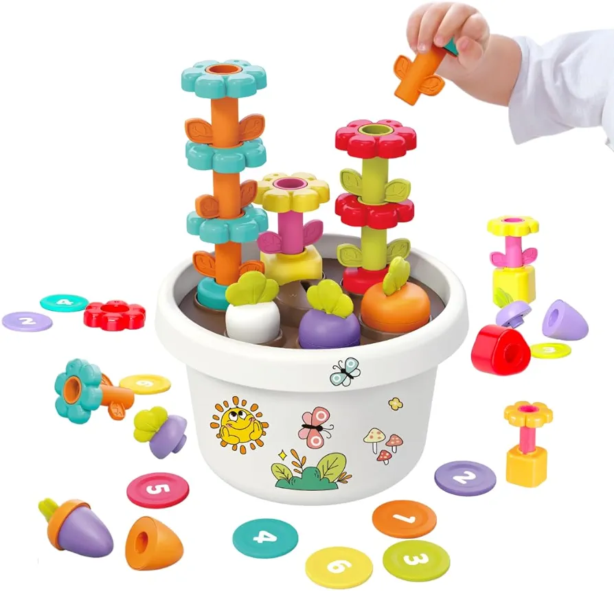 Montessori Flower Garden Toy Set, 7-in-1 Educational Building and Stacking Toys for Toddlers, Counting Matching and Sorting STEM Learning Activities for 1, 2, 3 Year Old Kids (27 Pcs)