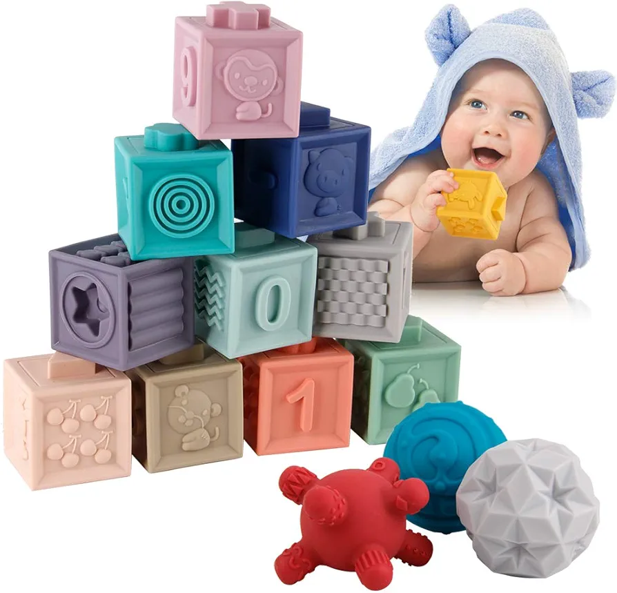 BOBXIN 15 PCS Baby Blocks Toys Soft Stacking Blocks Baby Sensory Ball Teether Infant Bath Toys Squeeze Play with Numbers Shapes Animals Fruit and Textures Toy for Babies Toddlers 6 Months