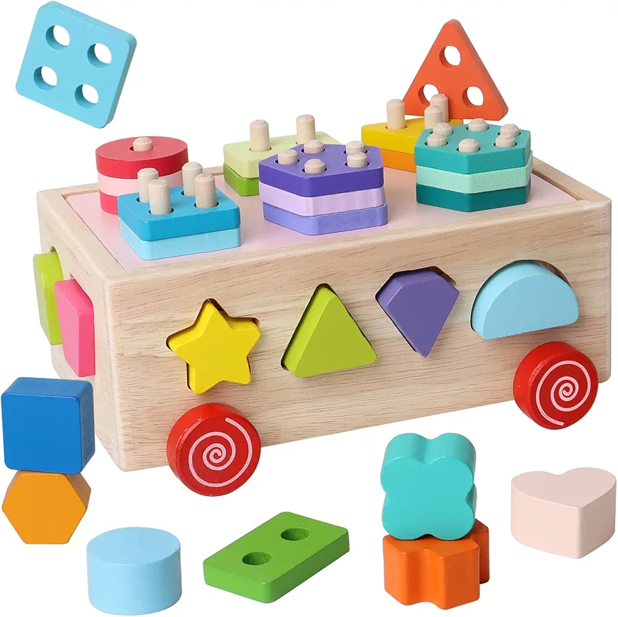 Montessori Toys Children's Educational Toys Shape Block Cart Wooden Shape Sorting Toys Boys and Girls Stacking Educational Learning Shape Color Puzzle Toys (WT002)