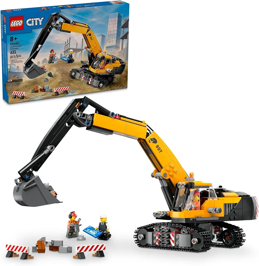 LEGO City Yellow Construction Excavator Toy Digger for Boys and Girls Ages 8 and Up, 3 Construction Worker Minifigures Included for Fun Pretend Play, Birthday for Kids, 60420