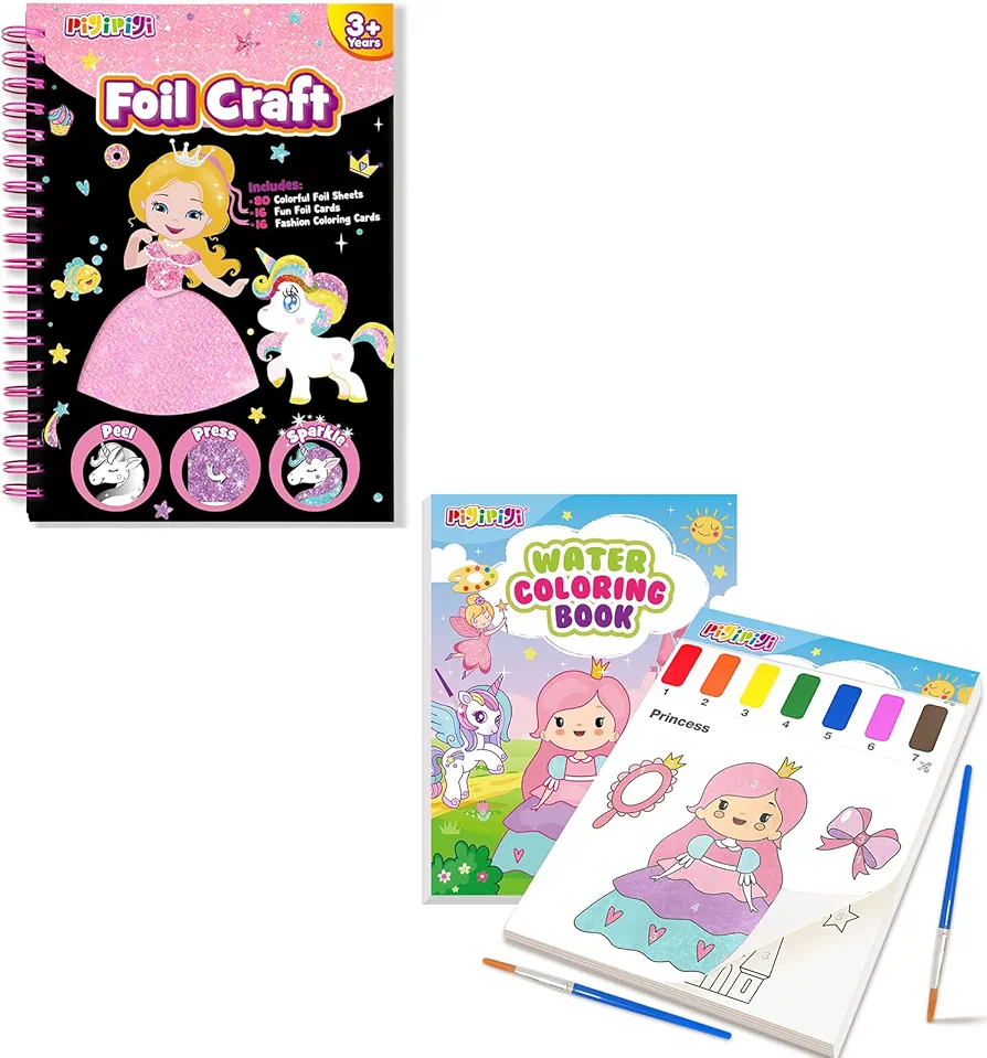 pigipigi Princess Art Craft Activity for Kids: Fun Foil Princess & Unicorn DIY Toy Kit, Paint with Water Coloring Books for Toddlers, No Mess Creative Travel Supply Set Idea Birthday Gift