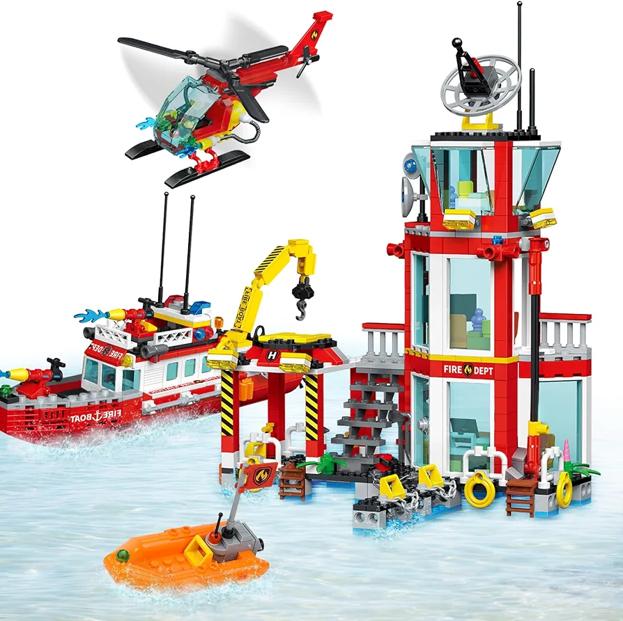 City Fire Station Building Sets, Marine Fire Station with Rescue Helicopter Airplane, Boats, Cruiser, STEM Roleplay Toy Gift for Kids Boys Girls Age 6-10 (779 Pieces)