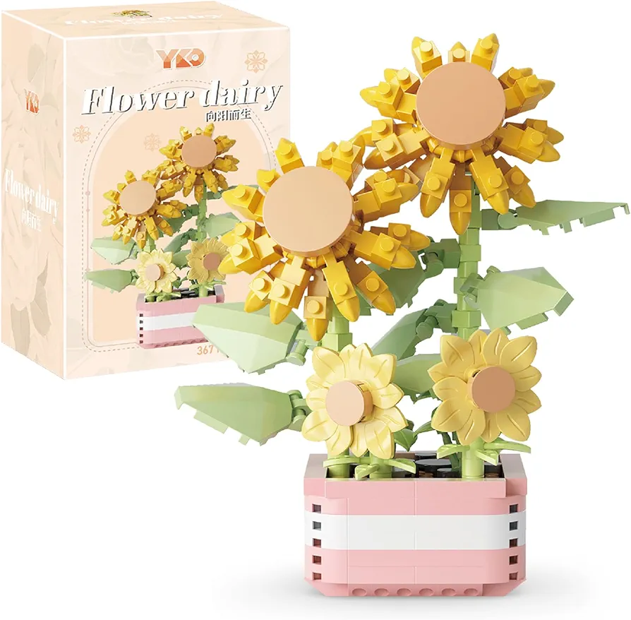 Sunflower Building Blocks Kits, 4" DIY Mini Bricks Artificial Flowers Bonsai Blocks Toys Set for Room Decor, Christmas Mother's Valentines Day Gifts for Kids Adults Women Girls (367 PCS)