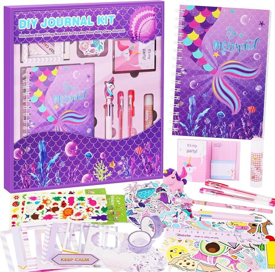 DIY Journal Kit for Girls,Mermaid Gifts for Girls Age 3-10 Years Old,Art Craft & Supplies for Kids Age 4-10,Scrapbook &Diary Supplies Set,Cute Stationery,Cool Birthday Ideas Gifts Toys