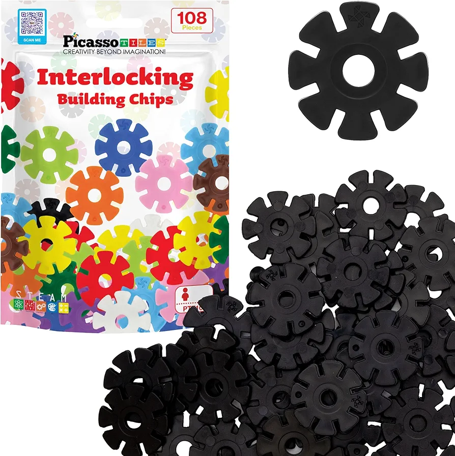 PicassoTiles Building Chip Interlocking Disc Construction Blocks in Black Color STEM Learning Early Education Toy Engineering Playset Child Brain Development for Toddlers Girls Boys Kids Age 3+ PTF108