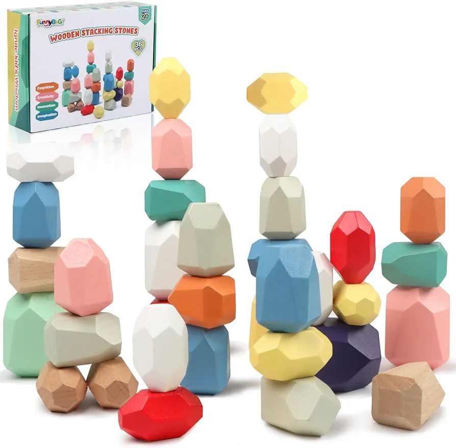 FUNNYB&G 36 PCS Stacking Rocks Montessori Toys for 1+ Year Old Girls Boys Wooden Building Blocks Balancing Stones for Kids Preschool Educational Sensory Toys for Toddlers Easter Birthday Gifts