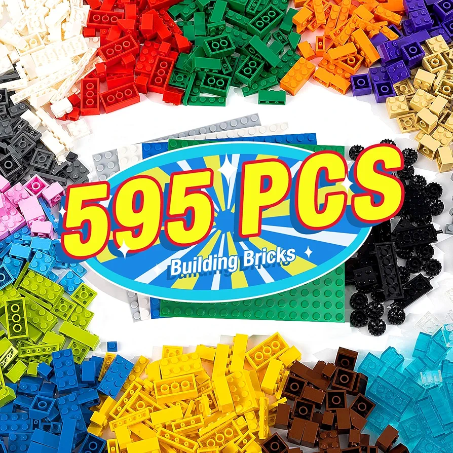 595 Pieces Building Bricks, Building Bulks Blocks with 4 Packs 5" x 5" Stackable Plates and 46PCS Wheel Accessory, Creative Building Toy Compatible with All Major Brands - 18 Shape/16 Color