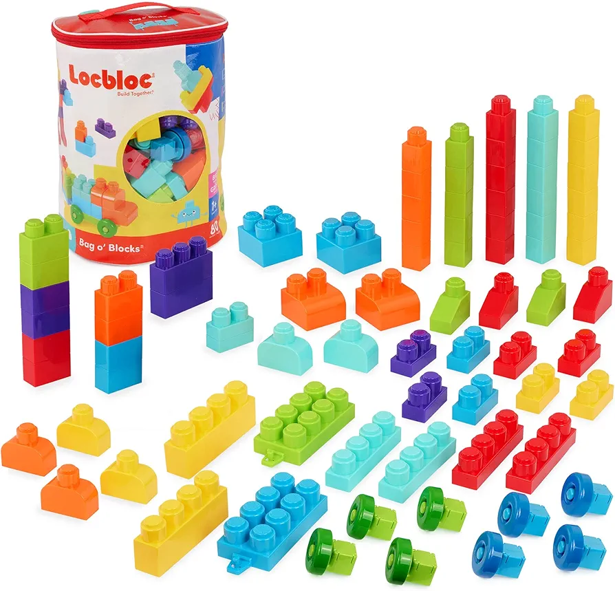 Battat – Large Building Blocks – 80 Colorful Pieces – 8 Wheel Bricks – Zippered Storage Bag – 12 Months + – Bag o' Blocks