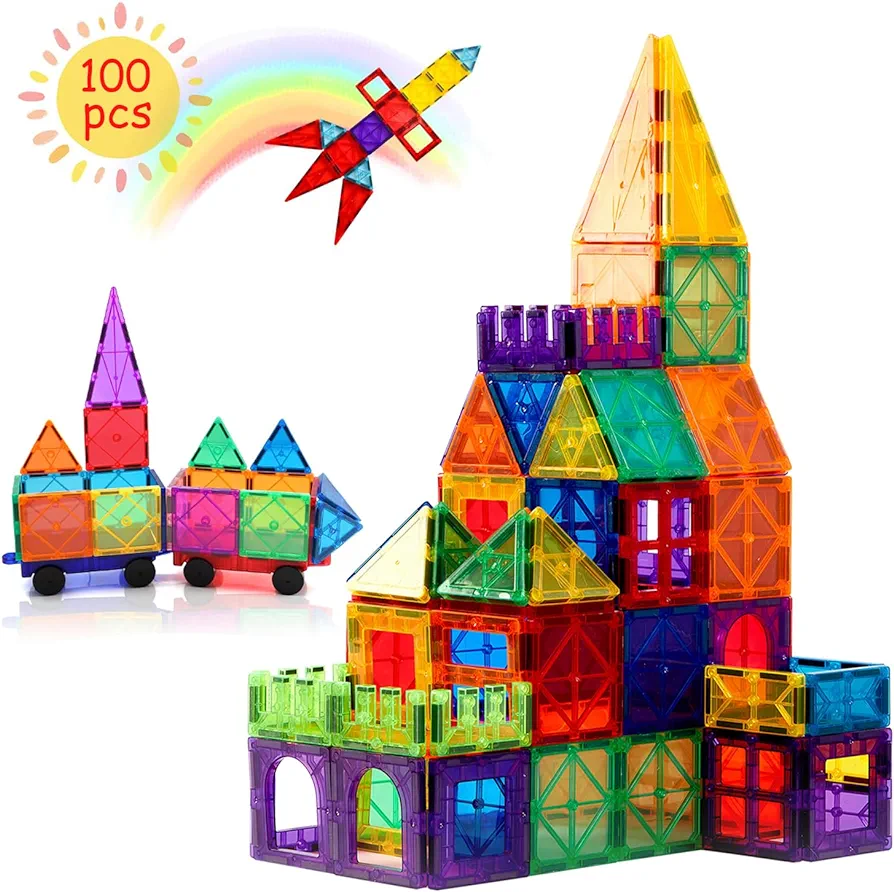 Magnetic Tiles, 100PCS Magnetic Tiles Building Block Set for Kids, Magnetic Building Set with 2 Cars, STEM Educational Preschool Learning Toys Gifts for Toddler Kids 3 4 5 6 7 8 9 Years Old Boy Girls