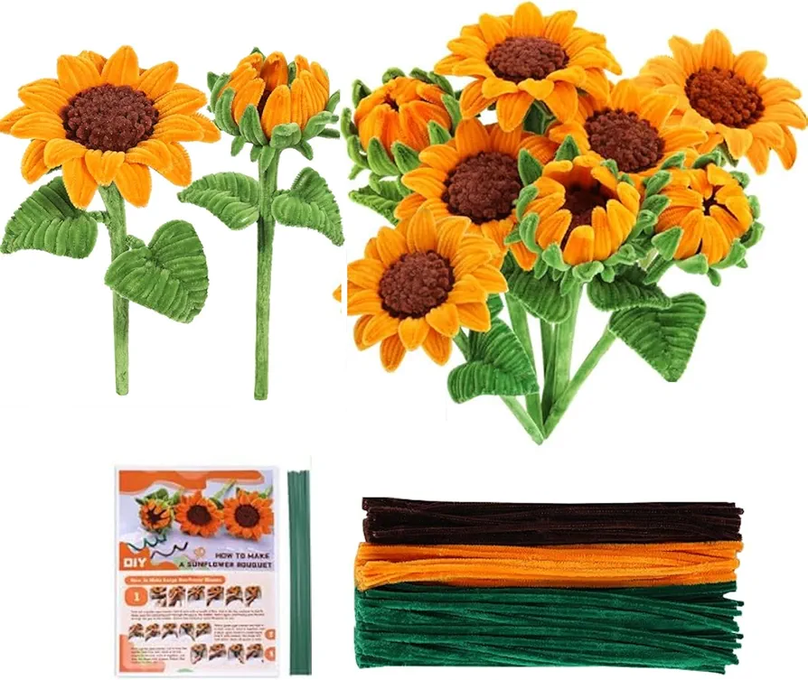 UzecPk 690PCS Pipe Cleaners Craft Supplies, Pipe Cleaner Flowers Crafts, Pipe Cleaner Sunflowers Kit with Instructions, 3 Colors Yellow Pipe Cleaners Set for DIY Art and Craft Decorations