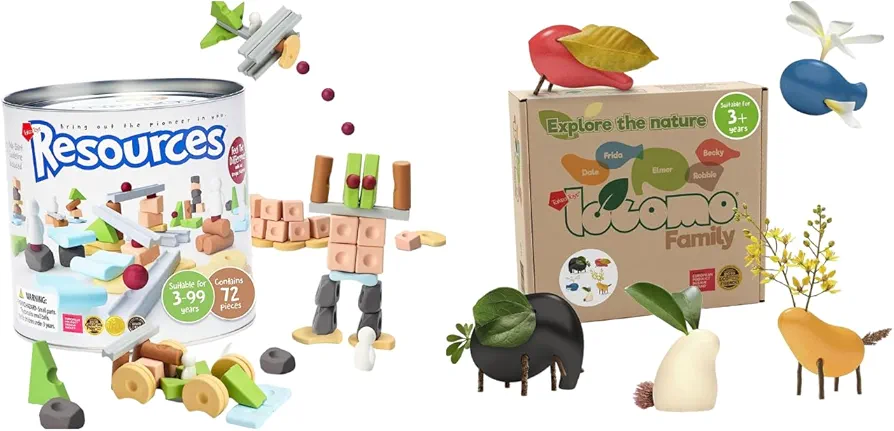 Locomo & Resources Set: 72 Pcs Standard Pack Montessori Building Blocks & 5 Multicolored Color Wooden Animal Figures, Outdoor Learning & Creativity Toy Set for Kids 3 4 5 6 7+ Years