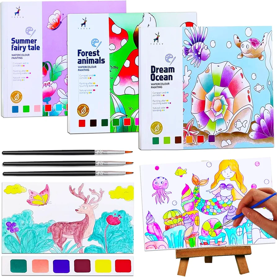 JUNQIU Water Color Paint Sets for Kids, Paint With Water Books for Kids Ages 4-8, Pocket Watercolor Painting Book, Arts and Crafts Kit for Girls Boys Coloring with Brush(3Pack)