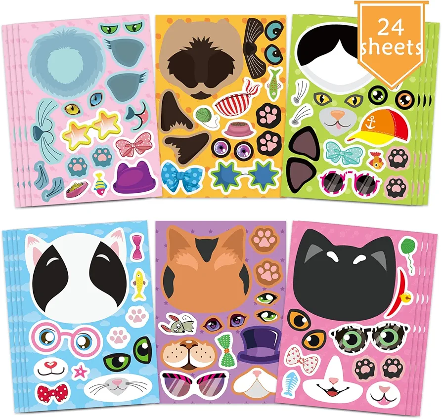 DUJAA 24 Sheets Cats Make a Face Stickers Make You Own Cats Stickers Animal Stickers for Kids, Birthday Gift Party Favors Supplies Teacher Art Craft, Games School Activity Reward