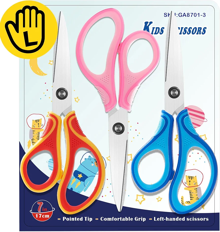 7" Real Left-Handed Kids Scissors Set of 3-pack,Kids Scissors Ages 8-10 8-12 8-16,Kids Craft Scissors with Pointed Tip Stainless Steel Blades and Soft Grip,Great for DIY, Arts, Home, School Classroom