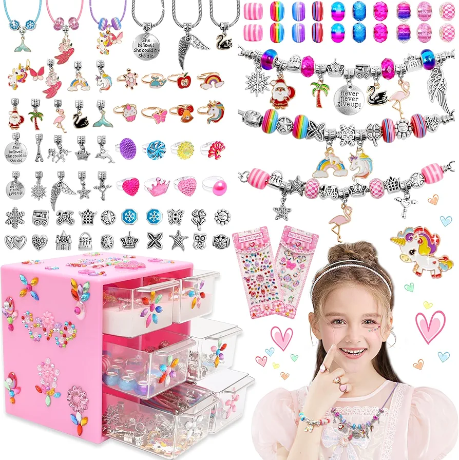 Charm Bracelet Making Kit,Toys for Girls Art Supplies Beads for Bracelets,Girls Toys Age 6-8 Years Old Friendship Bracelet Kit with Rings,Kids Toys for 6 7 8 9 Year Old Girls