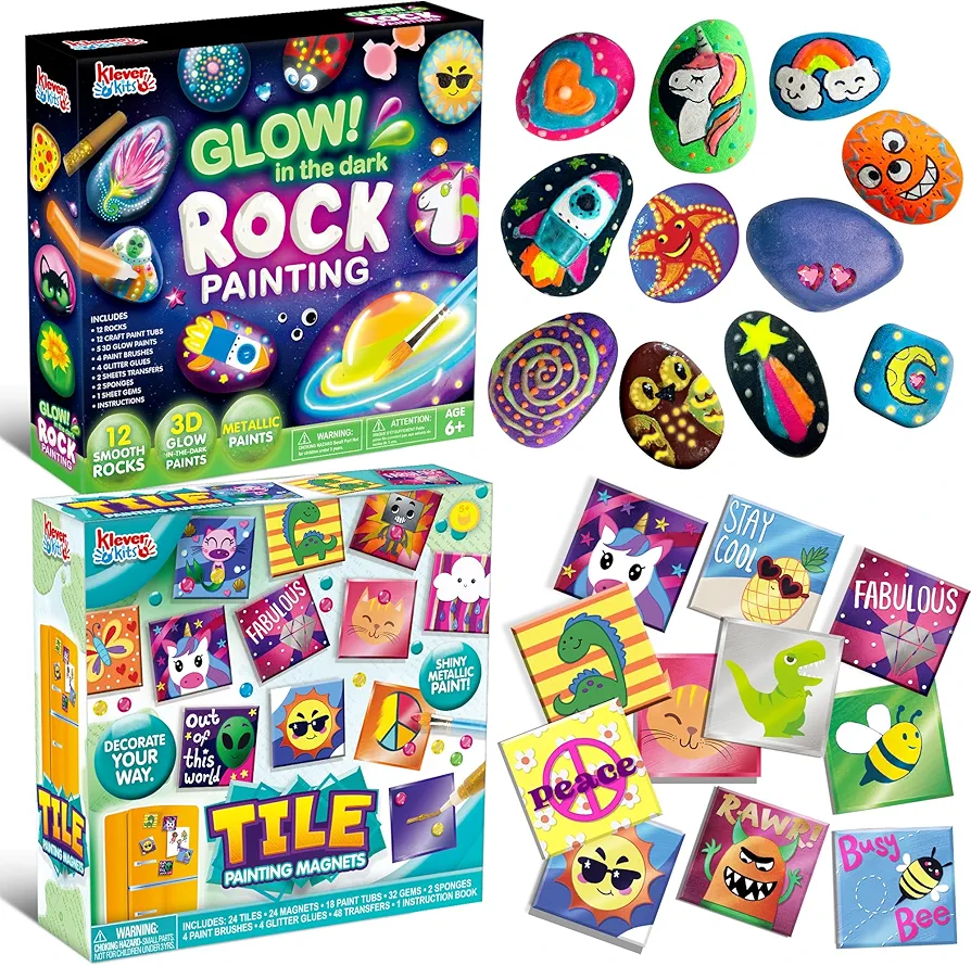 JOYIN 12 Rock Painting Kit & 24 Magnetic Mini Tiles Art Kit, Arts and Crafts for Kids Ages 6-8+, Art Supplies with Various Paints, Craft Paint Kits, Kids Toy Gifts for Boys and Girls Ages 4+