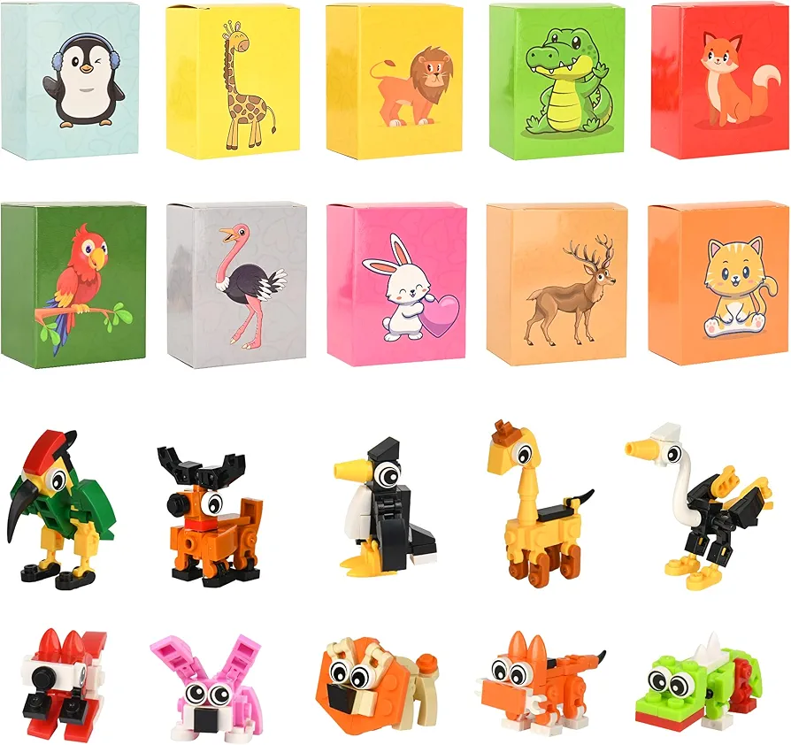 10 Packs Mini Animals Building Blocks with Party Favors Boxes Bulk, Goodie Bags Stocking Stuffer Classroom Prizes Building Set, Birthday Gift for Boys Girls Ages 4+ Year