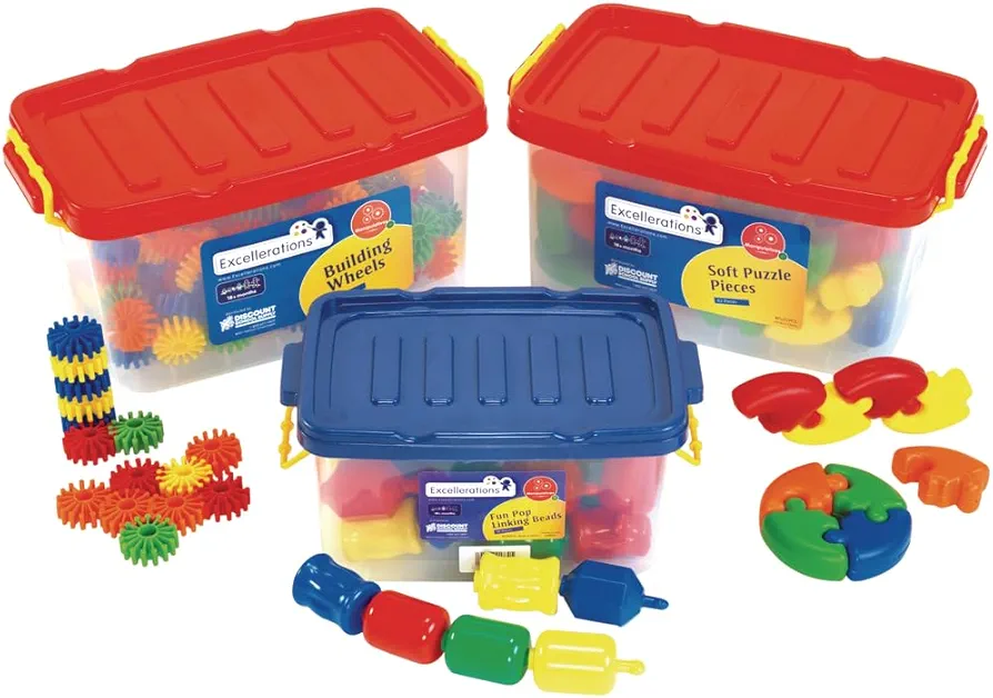 Excellerations Construction Toys, STEM building Toys, Blocks, Builders, Connection Toys, ages 18 Months and up, Preschool Manipulatives 3 Different Sets in Storage Bins