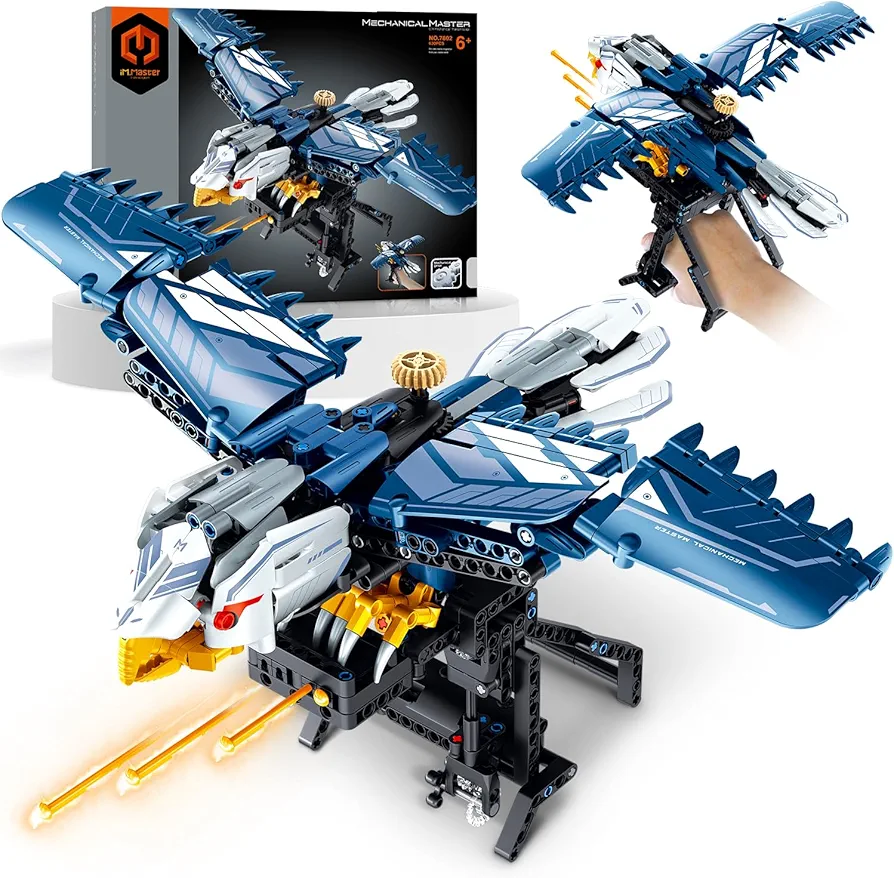 Blue Eagle Hand-held Launch Toy Building Set with Movable Wings, Bullet-firing War Eagle Model Kit Collectible Toys and Gifts for Teens and Boys Ages 6+ (630pcs)