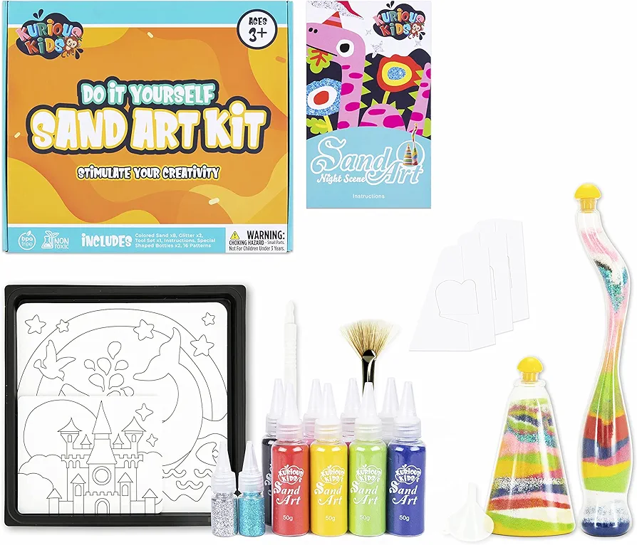 Sand Art Kit for Ages 3 to 10 - Everything Kids Need for Fun DIY Crafts - 16 Sand Peel&Sprinkle Pictures, 2 Sand Art Bottles, 8 Jars of Colored Sand, 2 Jars of Glitter, 1Tray, Funnel, Brush & Art Tool