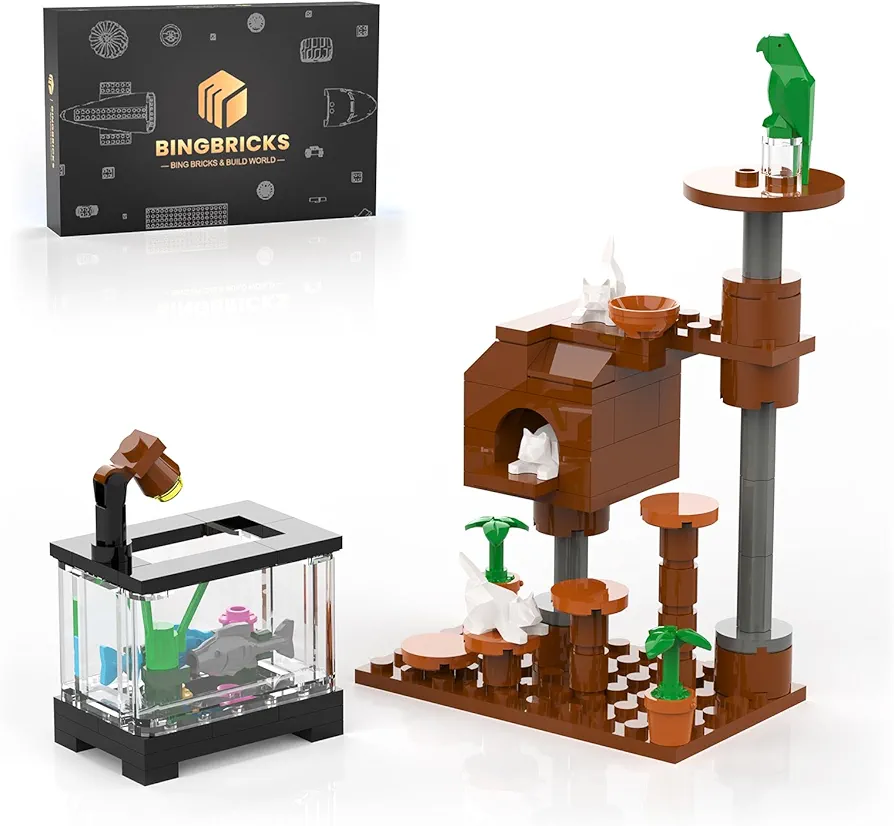 Cat Tree and Fish Tank Building Set, Farm Animals Cat Climber House with Cats, Fish and Parrot, Cute Action Figure Building Toys Creative Christmas Birthday Gift for Boys Girls 8+