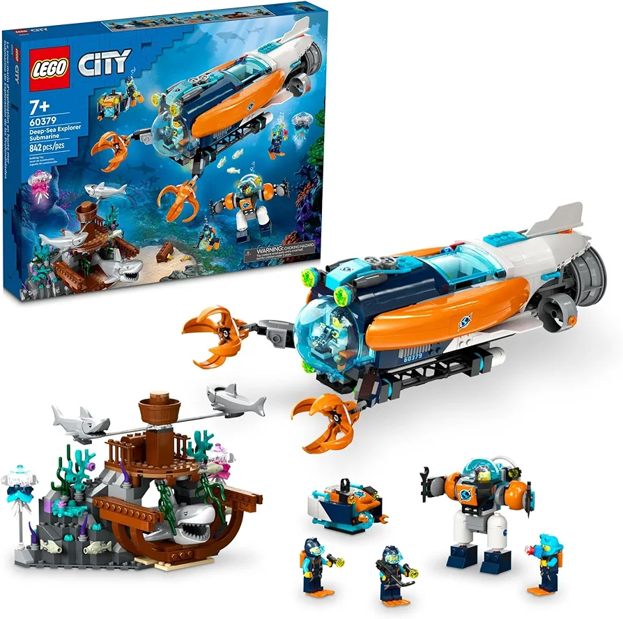 LEGO City Deep-Sea Explorer Submarine 60379 Building Toy Set, Ocean Submarine Playset with Shipwreck Setting, 6 Minifigures and 3 Shark Figures for Imaginative Play, A Gift Idea for Ages 7+