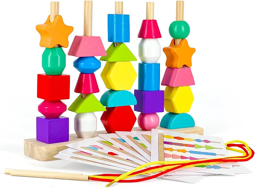 Montessori Toys Toddler Toys Threading Toys for 2 3 4 5 6 Year-Old Boys Girls Wooden Toys Stacking Toys Shape Sorter Building Blocks Halloween Christmas Birthday Gifts for Kids